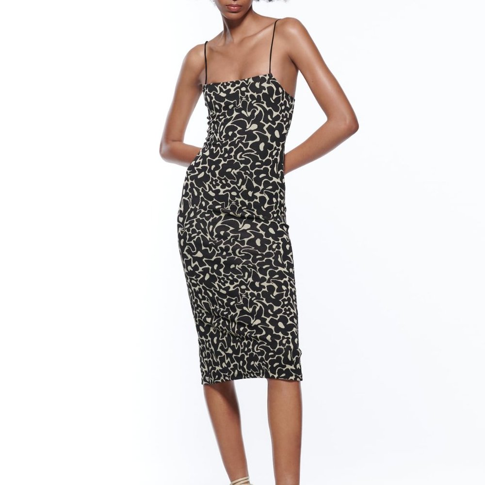 Zara Jacquard Dress in Black/Tan - Medium - New w/tags